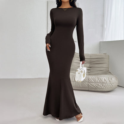 Slim Round Neck Solid Color Long Sleeve Dress