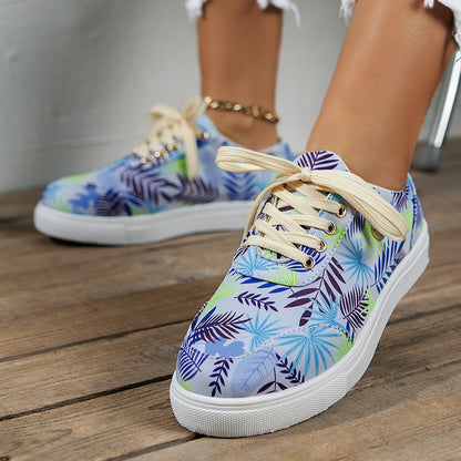 Canvas Shoes For Women Lace-Up Flats Leaves Print Casual Sneakers Round Toe Shoes