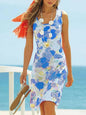 European And American Floral Print U-neck Sleeveless Beach Vacation Mid-length Dress