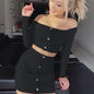 Fashion Trend Woman Sexy Off Shoulder Set Solid Button Bodycon 2 Pcs Sets Women Long Sleeve Top And Skirt Summer Autumn Sets