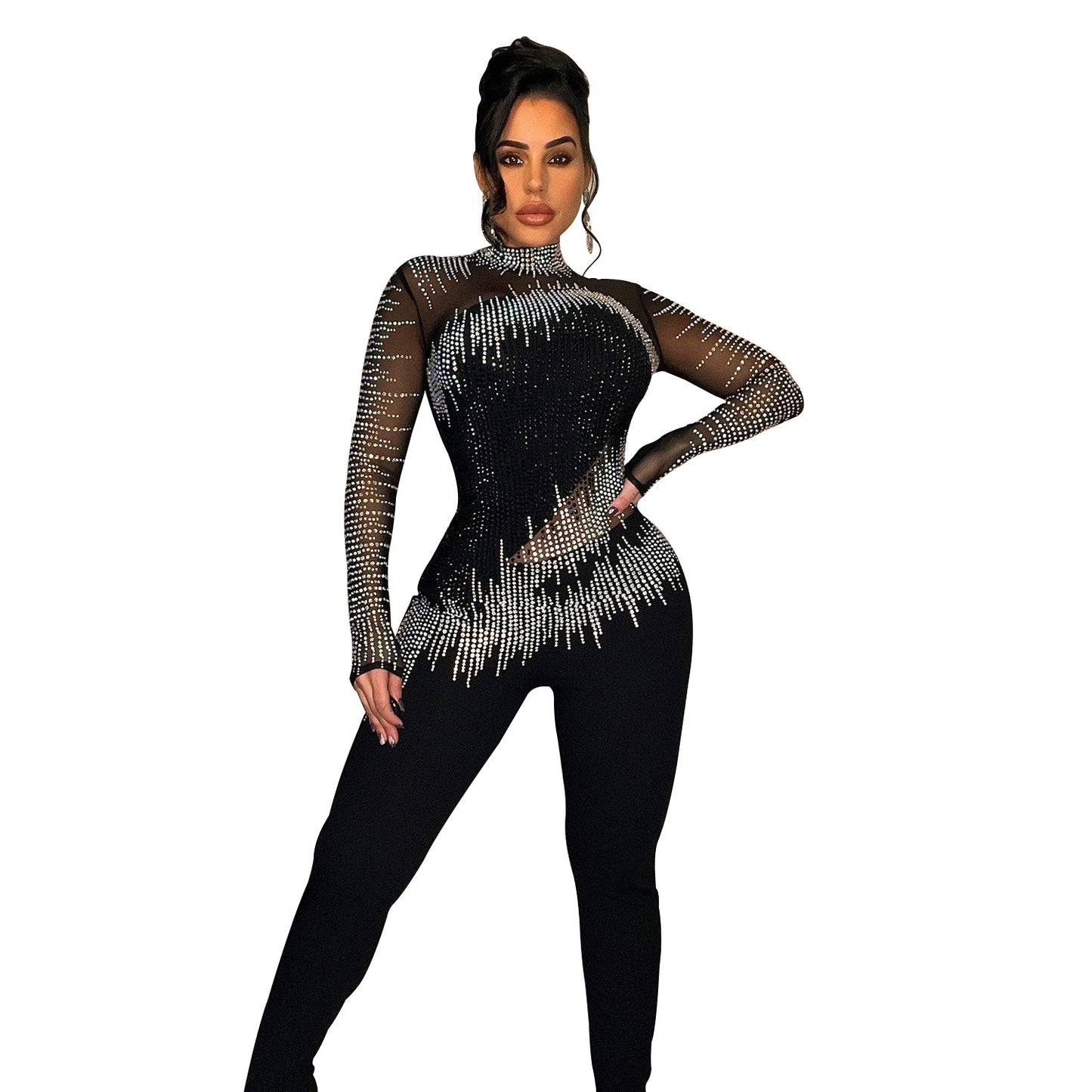 Women's Pure Color Mesh Rhinestone Long-sleeved Trousers Jumpsuit