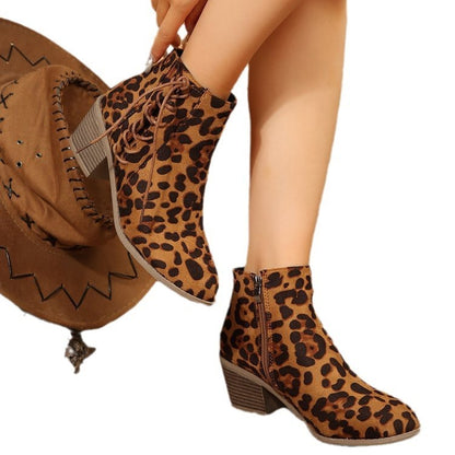 Plus Size Leopard Print Side Strap Fashion Boots