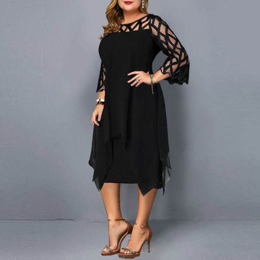 Lace Splicing Chiffon Dress With Irregular Hem With Seven Minute Sleeves