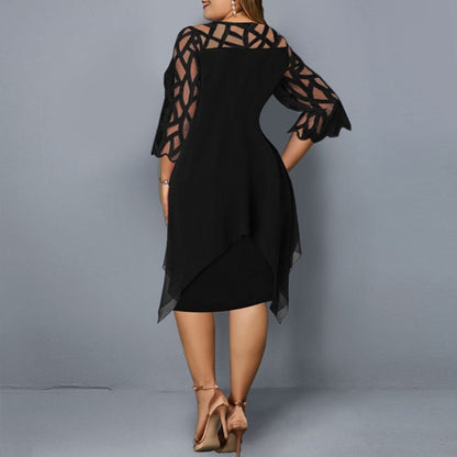 Lace Splicing Chiffon Dress With Irregular Hem With Seven Minute Sleeves