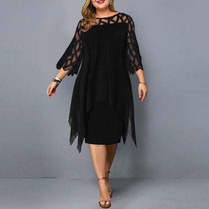 Lace Splicing Chiffon Dress With Irregular Hem With Seven Minute Sleeves