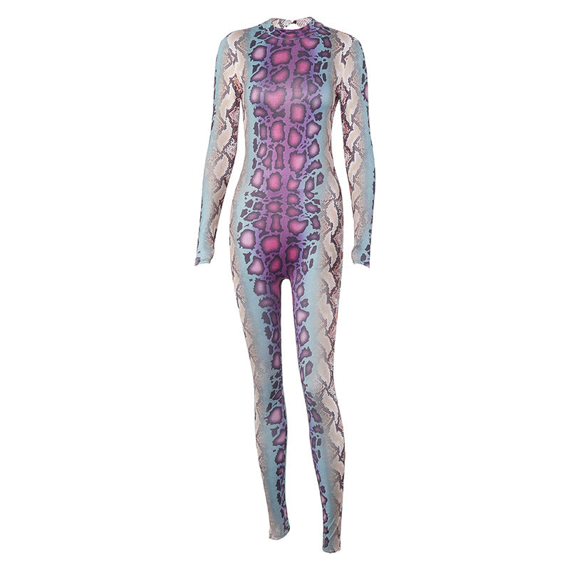 Women's Fashion Snake Pattern Long Sleeve Tight Jumpsuit