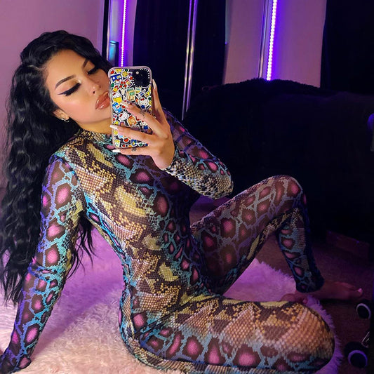 Women's Fashion Snake Pattern Long Sleeve Tight Jumpsuit