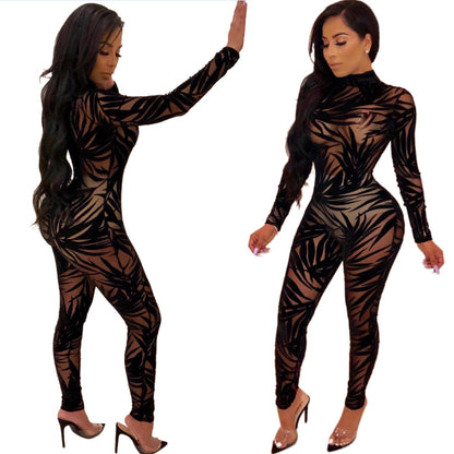 Bandage Long Sleeve One Piece Bamboo Leaf Mesh Jumpsuit