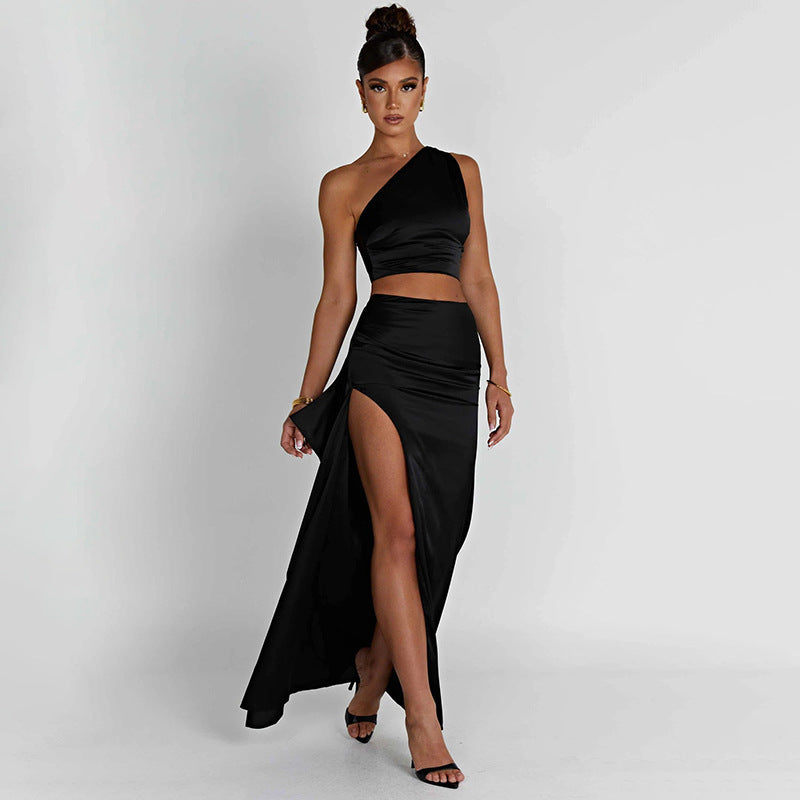 One-shoulder Satin Short Top High Waist Split Maxi Dress E