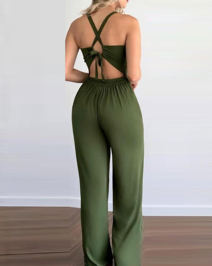 European And American Womens Hollowed Out Suspender Slim Fitting Jumpsuit