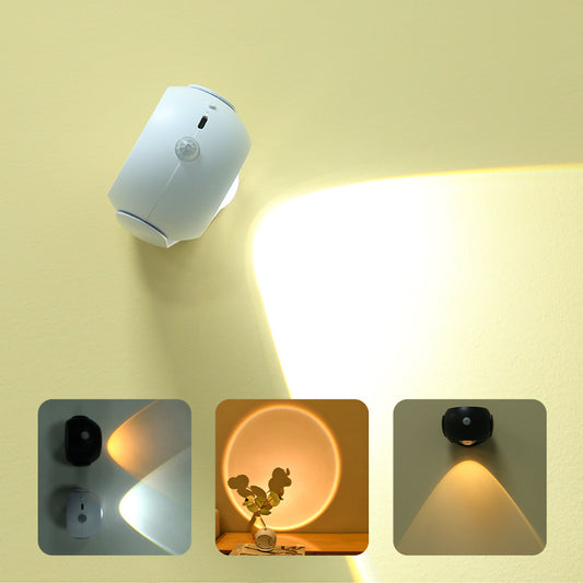 Adjustable Angle Human Sensing Light, Wireless Sunset Light, Indoor Spotlight, Corridor, Living Room Wall Light, Rechargeable And Installed Dry Battery