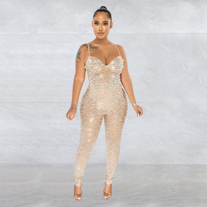 Women's Pure Color Mesh Rhinestone Sleeveless Trousers Jumpsuit