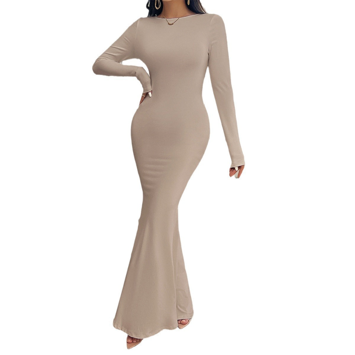 Slim Round Neck Solid Color Long Sleeve Dress