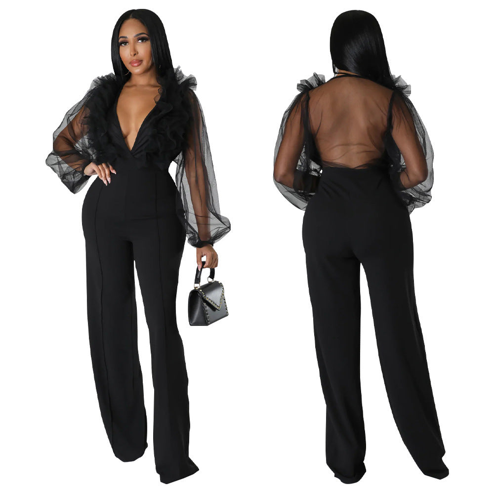 Mesh Lantern Sleeve V-neck Backless Jumpsuit