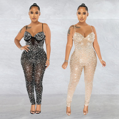 Women's Pure Color Mesh Rhinestone Sleeveless Trousers Jumpsuit