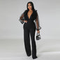 Mesh Lantern Sleeve V-neck Backless Jumpsuit