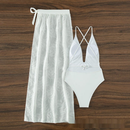 European And American Swimwear One-piece Swimsuit Women's White Sexy Backless Dress Two-piece Set