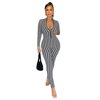 Houndstooth Print Zip Stand Collar Long Sleeve Skinny Hip Lift Jumpsuit