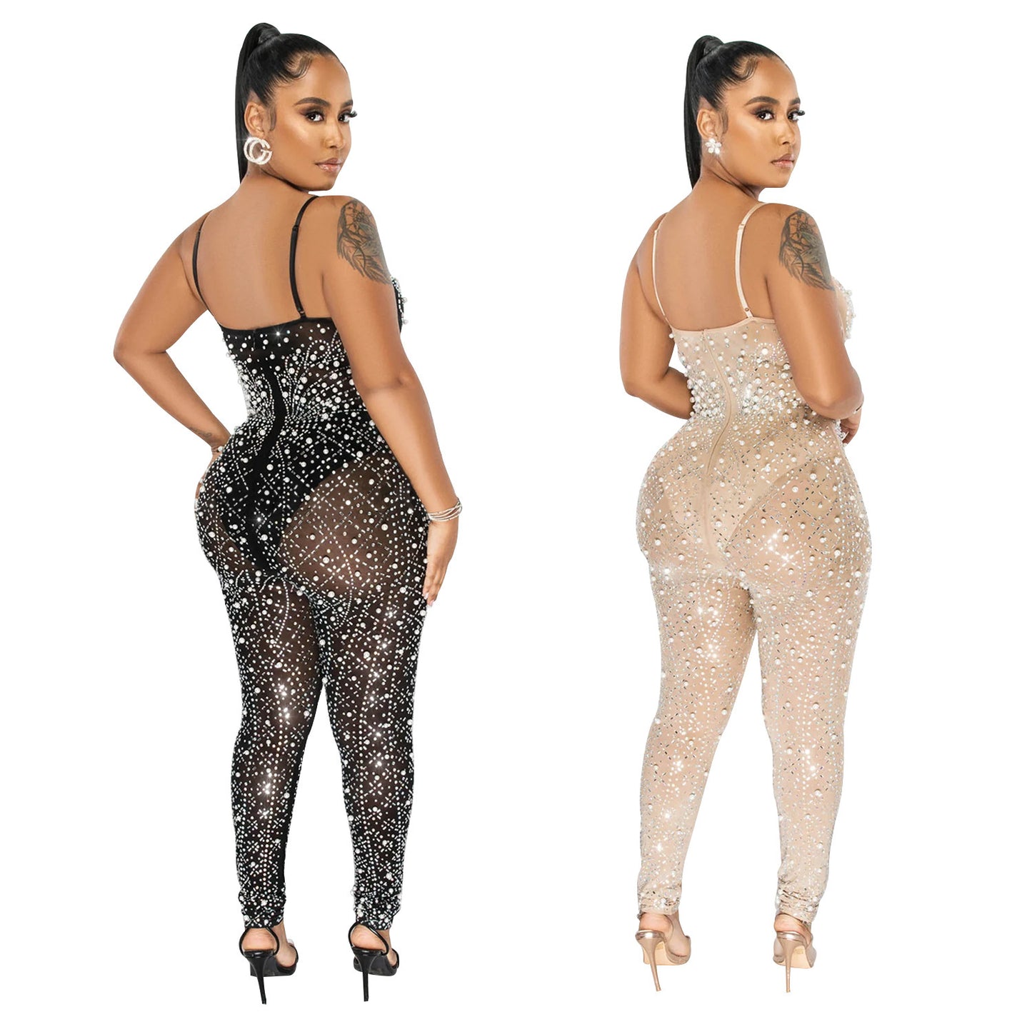 Women's Pure Color Mesh Rhinestone Sleeveless Trousers Jumpsuit