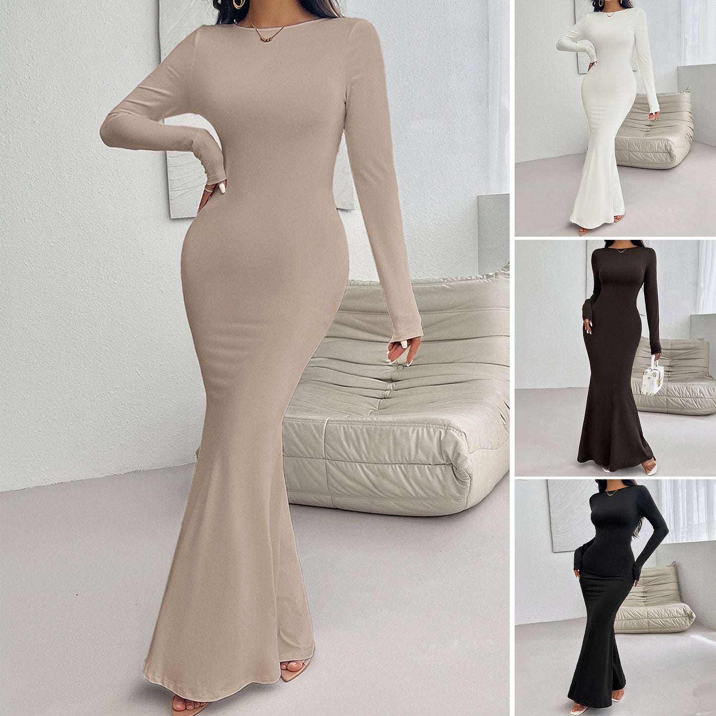 Slim Round Neck Solid Color Long Sleeve Dress