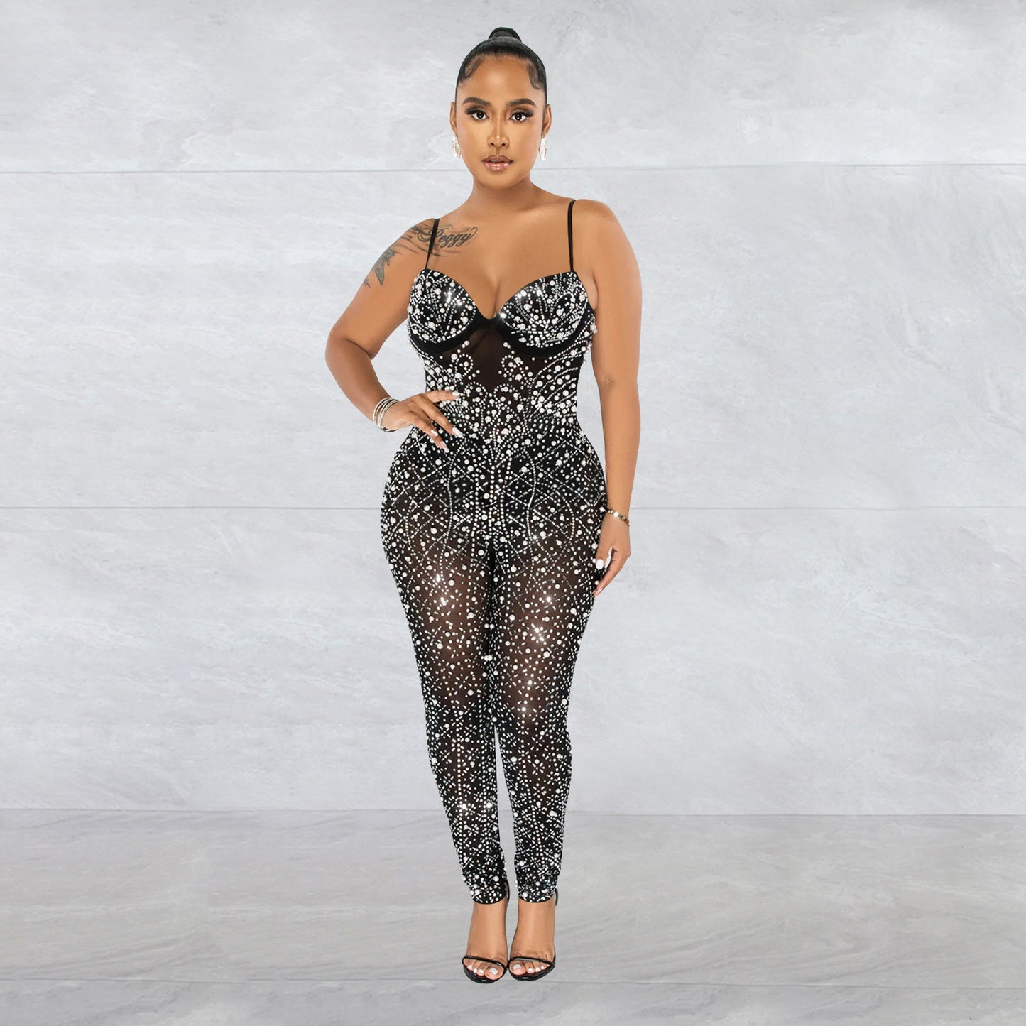 Women's Pure Color Mesh Rhinestone Sleeveless Trousers Jumpsuit