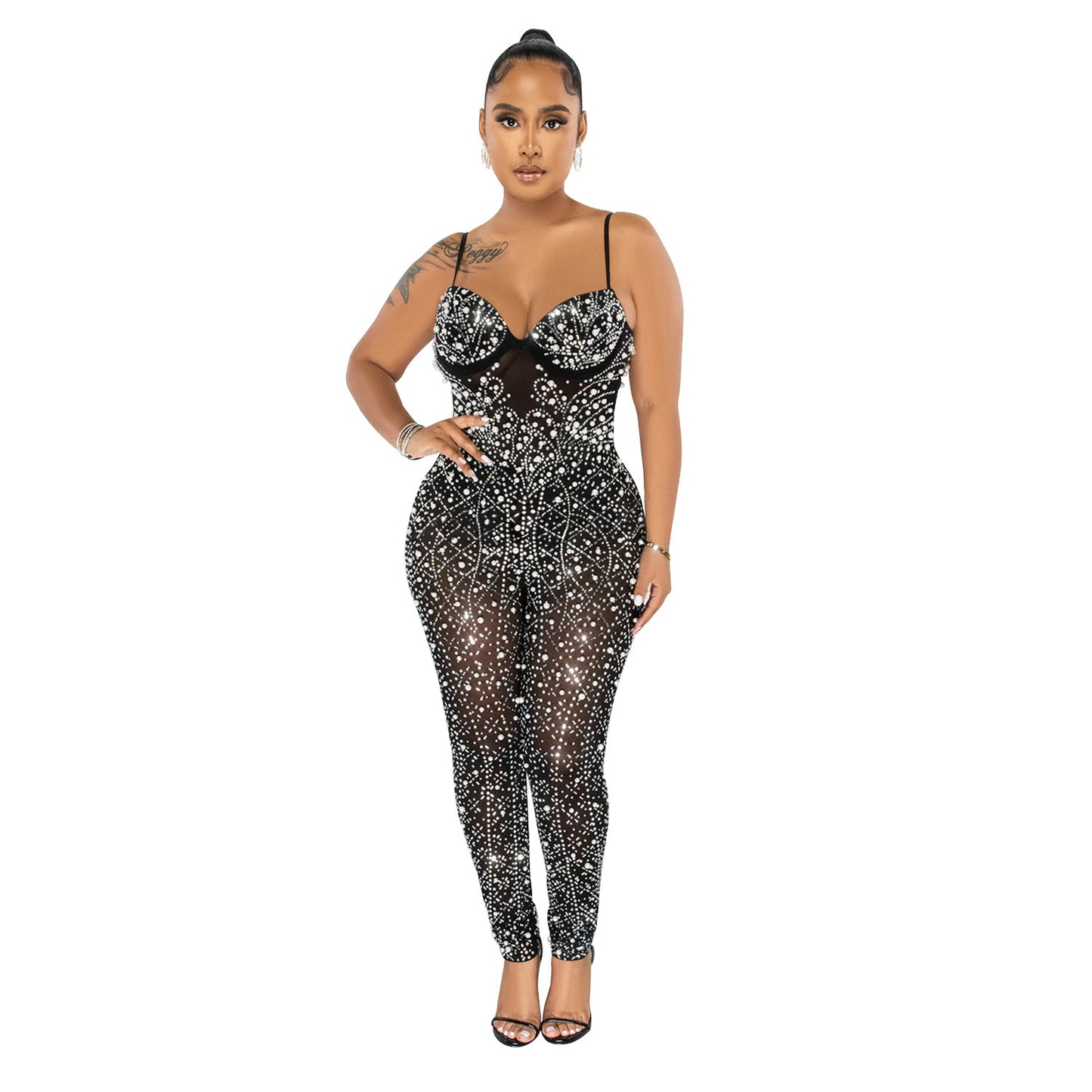 Women's Pure Color Mesh Rhinestone Sleeveless Trousers Jumpsuit