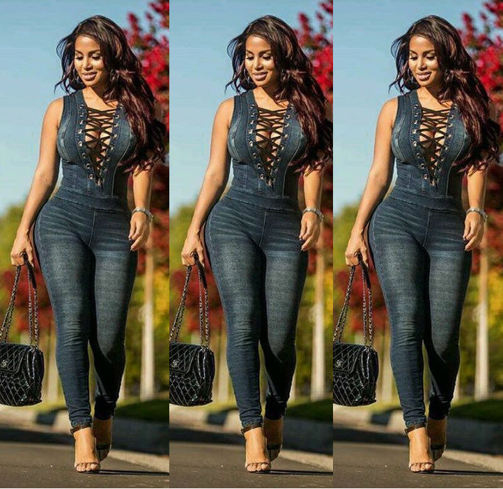 Denim slim slimming breasts set eyelets denim jumpsuit