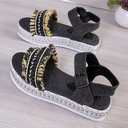 Fashion Tassel Denim Sandals With Thick-soled Flat Heel New Summer Hemp Rope Sole Ethnic Style Shoes For Women