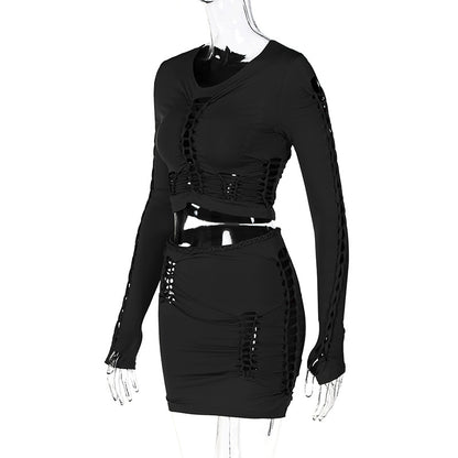 Autumn Cut Out Round Neck Long Sleeve Slim Two Piece Skirt Suits