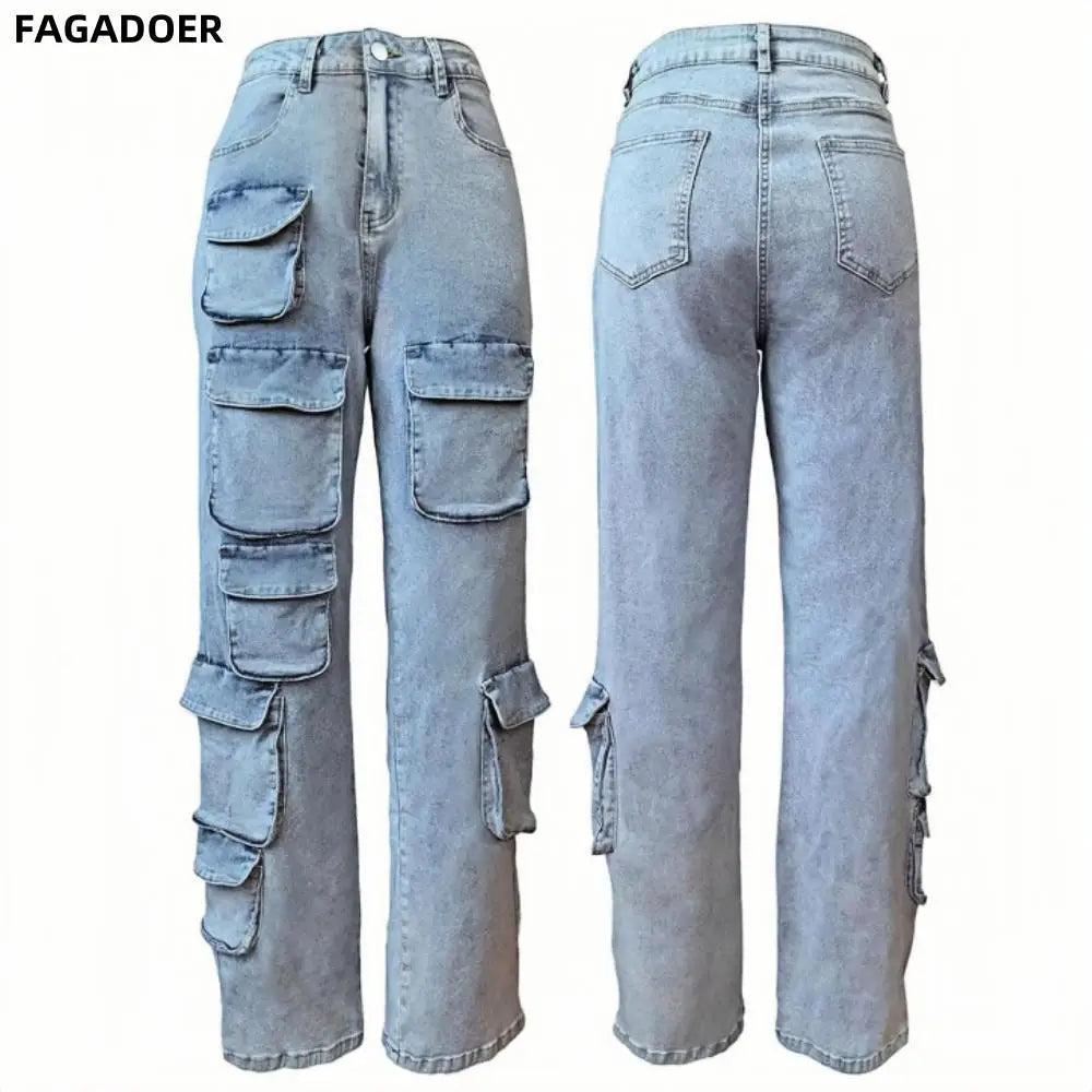 FAGADOER Vintage Fashion Denim Pocket Cargo Pants Women High Waisted Button Straight Jean Trousers Casual Female Cowboy Bottoms