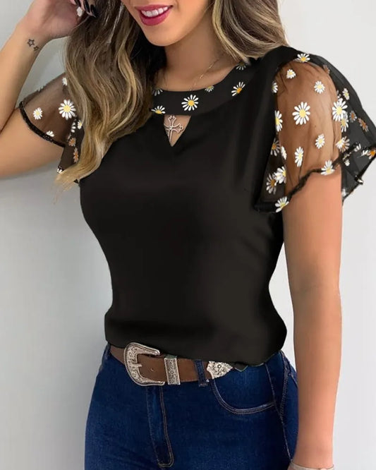 Women's Mesh Ruffled Sleeve T-Shirt Summer Fashion Casual Flower Embroidery Cutout Mesh Sheer Tops Ladies Slim Round Collar Tops