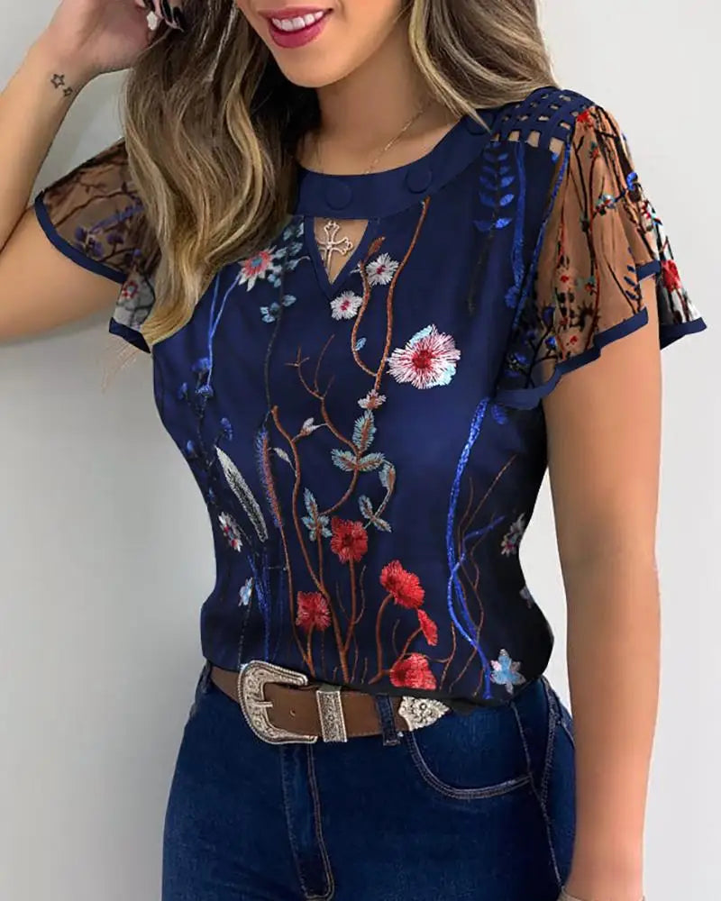 Women's Mesh Ruffled Sleeve T-Shirt Summer Fashion Casual Flower Embroidery Cutout Mesh Sheer Tops Ladies Slim Round Collar Tops