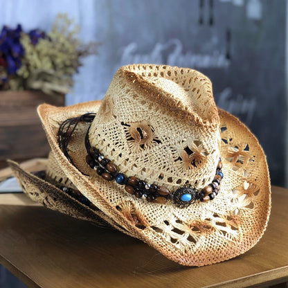 2021 Natural Straw Cowboy Hat Women Men Handmade Weave Cowboy Hats For Lady Tassel Summer Western Sombrero Hombre Lifeguard Hats