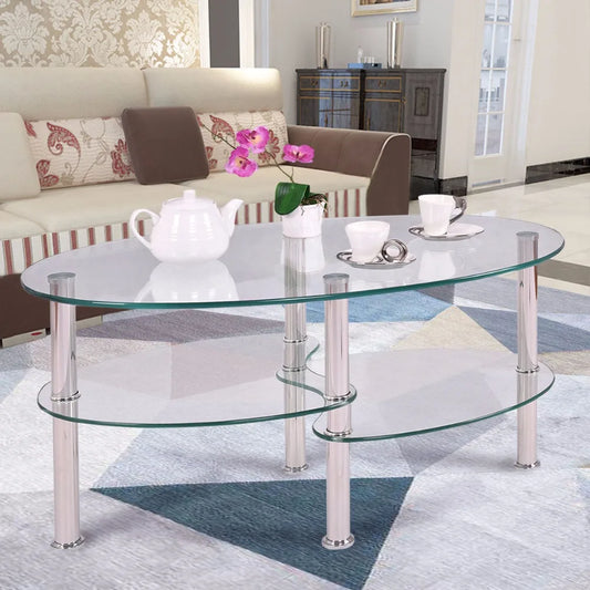 Goplus Tempered Glass Oval Side Coffee Table Shelf Chrome Base Living Room Clear Black Modern Coffee Table