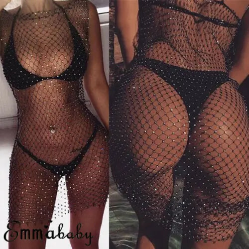 Womens Summer Bikini Cover Up Swimwear Bathing Suit Crystal Mesh Fishnet Beach Dress Black