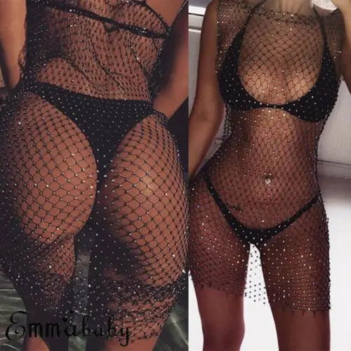 Womens Summer Bikini Cover Up Swimwear Bathing Suit Crystal Mesh Fishnet Beach Dress Black