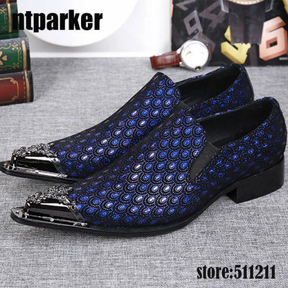2021 Western Fashion Pointed Metal Toe Dress Shoes Blue/Grey Party Wedding Leather Shoes for Men, EU38-46!