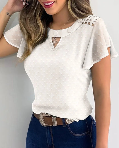 Women's Mesh Ruffled Sleeve T-Shirt Summer Fashion Casual Flower Embroidery Cutout Mesh Sheer Tops Ladies Slim Round Collar Tops