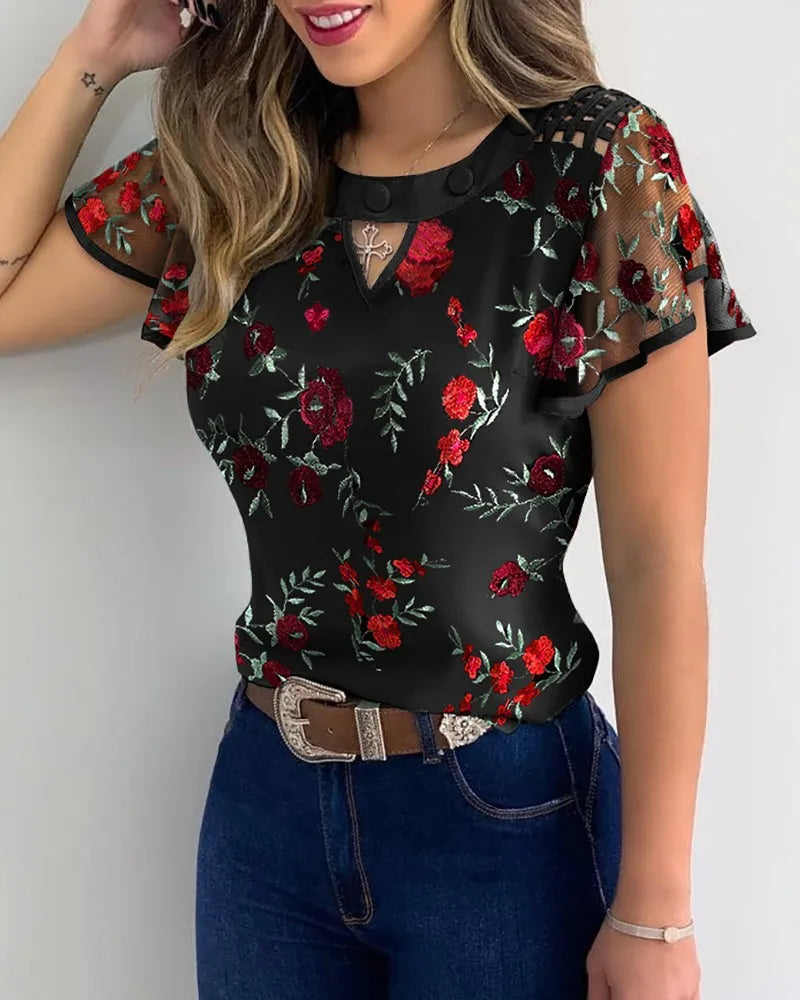 Women's Mesh Ruffled Sleeve T-Shirt Summer Fashion Casual Flower Embroidery Cutout Mesh Sheer Tops Ladies Slim Round Collar Tops