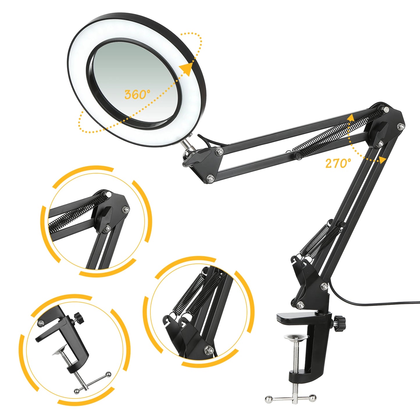 Flexible Clamp-on Table Lamp with 8x Magnifier Glass Swing Arm Dimmable Illuminated Magnifier LEDs Desk Light 3 Color Modes Lamp