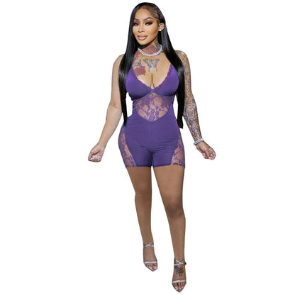 European And American Fashion Women's Wear Lace See-through Slim Fit Casual One-piece Shorts