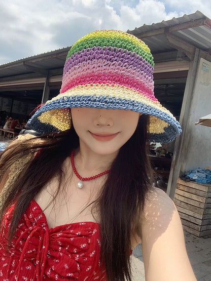 Straw Hat Rainbow Female Summer Japanese Beach Sun-Proof Hat