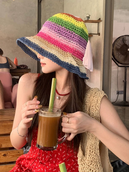 Straw Hat Rainbow Female Summer Japanese Beach Sun-Proof Hat