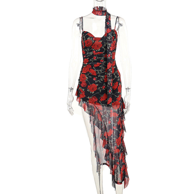 Slim Fit Ruffled Floral Split Dress Women