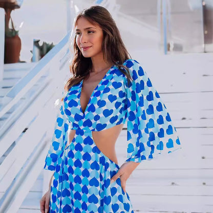 Printed Deep V-neck Long Sleeve Tied Women's Full-length Dress