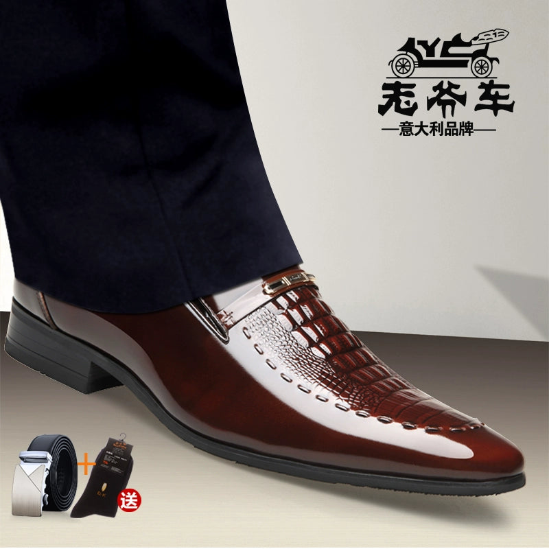 Classic Car Business Formal Wear Leather Shoes Men's Genuine Leather Spring & Fall Breathable Crocodile Pattern Increased Pointed Bridesmaid Suit Wedding Shoes Men