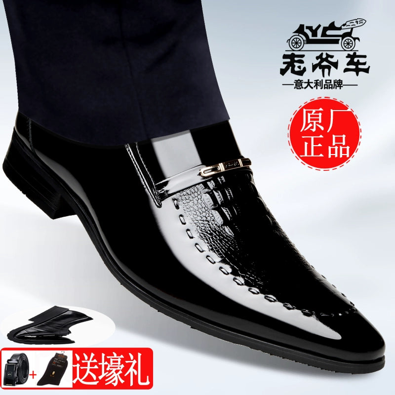 Classic Car Business Formal Wear Leather Shoes Men's Genuine Leather Spring & Fall Breathable Crocodile Pattern Increased Pointed Bridesmaid Suit Wedding Shoes Men