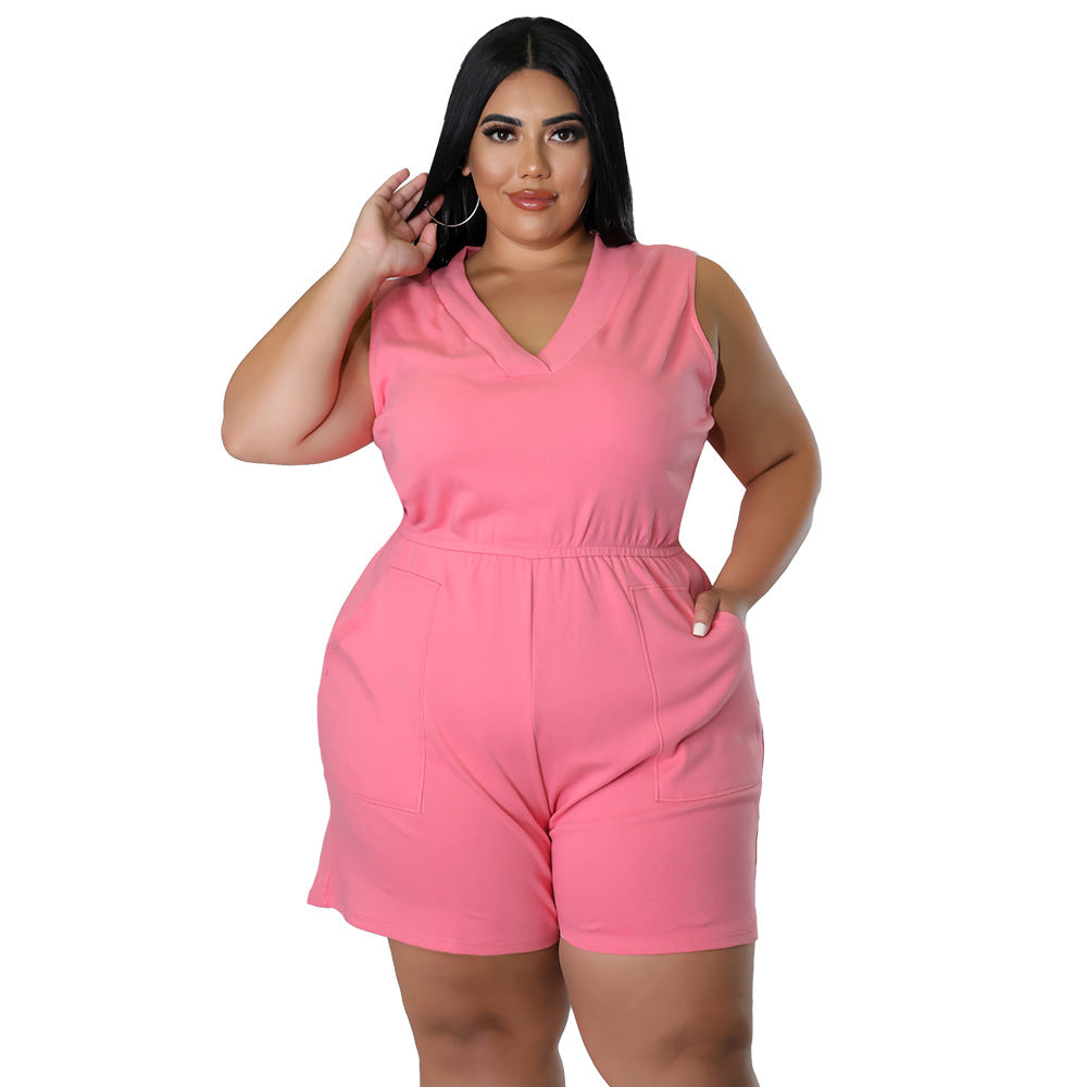 Plus Size Women's V-neck Solid Color Sleeveless Casual Waist Overalls