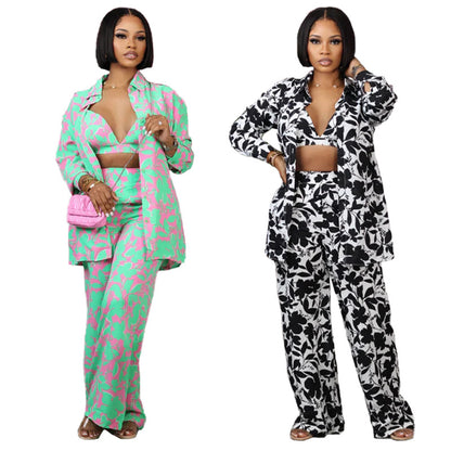 Women's Printed Trousers Three-piece Set Suit