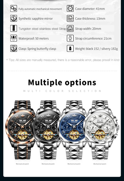 OUPINKE Original Brand Automatic Watch for Men Tungsten steel Skeleton Luminous Waterproof Watches Luxury Wristwatch 2023 Trend